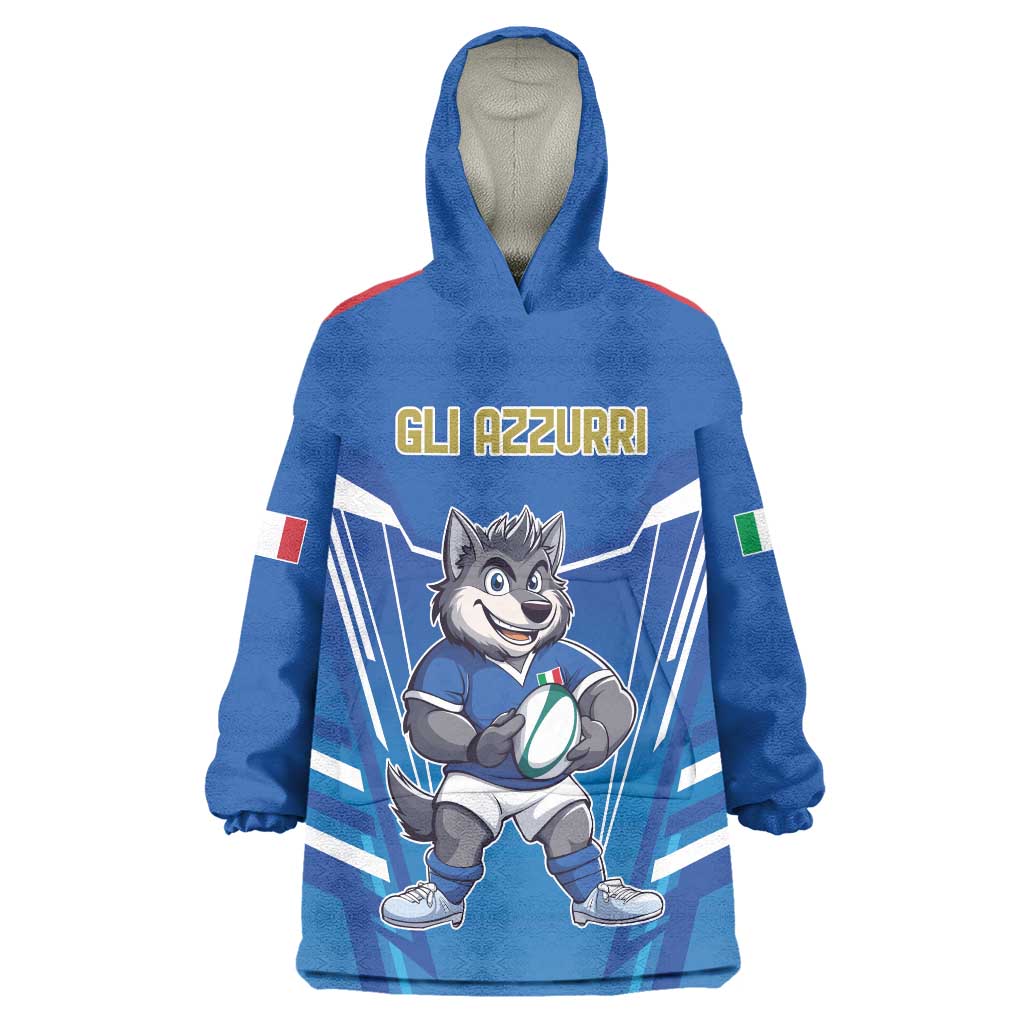 Italy Rugby Custom Wearable Blanket Hoodie Italian Wolf Mascot Go Gli Azzurri