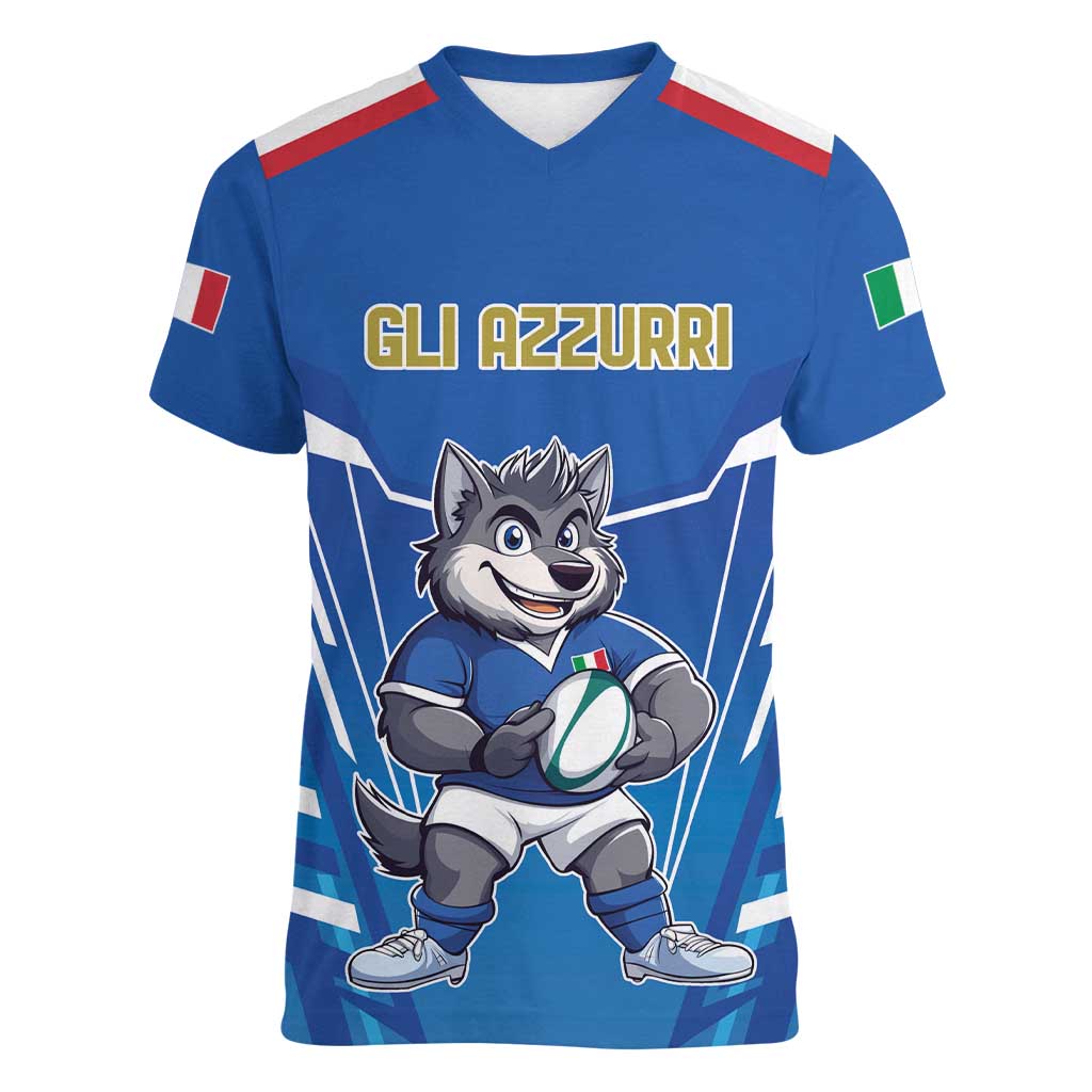 Italy Rugby Custom Women V-Neck T-Shirt Italian Wolf Mascot Go Gli Azzurri