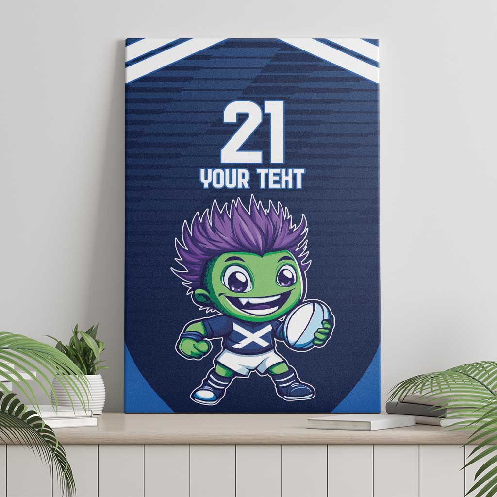 Blue custom canvas wall art featuring thistle mascot, number 21 and 'Your Text'.