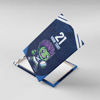 Blue custom canvas wall art, tilted view of thistle mascot, number 21 and 'Your Text'.