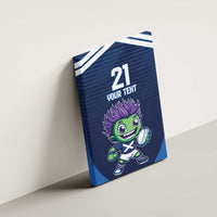Blue custom canvas wall art on wall with thistle mascot, number 21 and 'Your Text'.