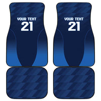 Set of four blue car floor mats with rounded edges and 'YOUR TEHT 21' text