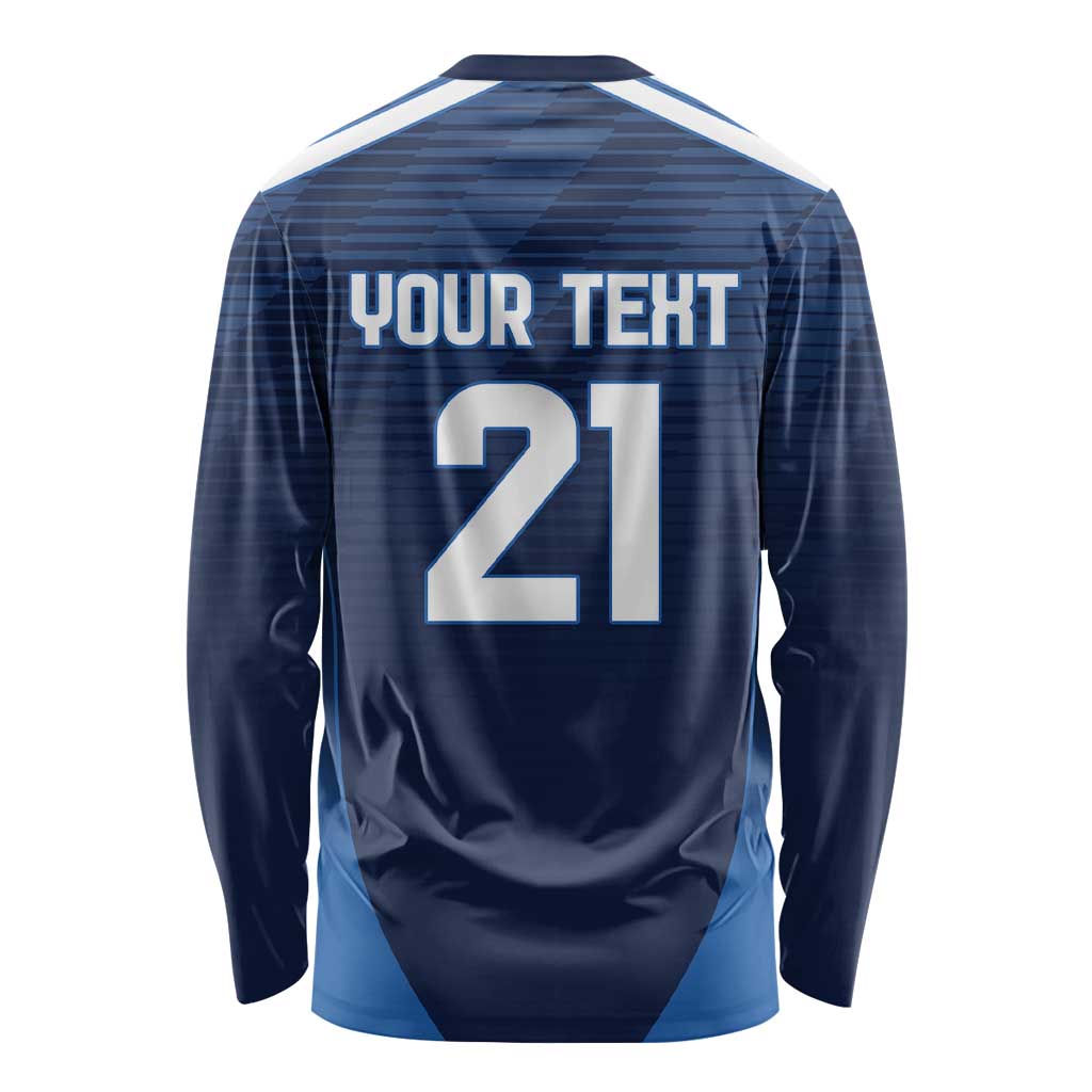 Blue long-sleeve rugby shirt back with “YOUR TEXT” and large 21 number graphic.