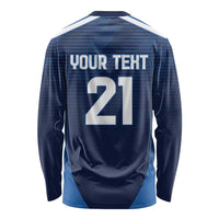 Blue long-sleeve rugby shirt back with “YOUR TEXT” and large 21 number graphic.