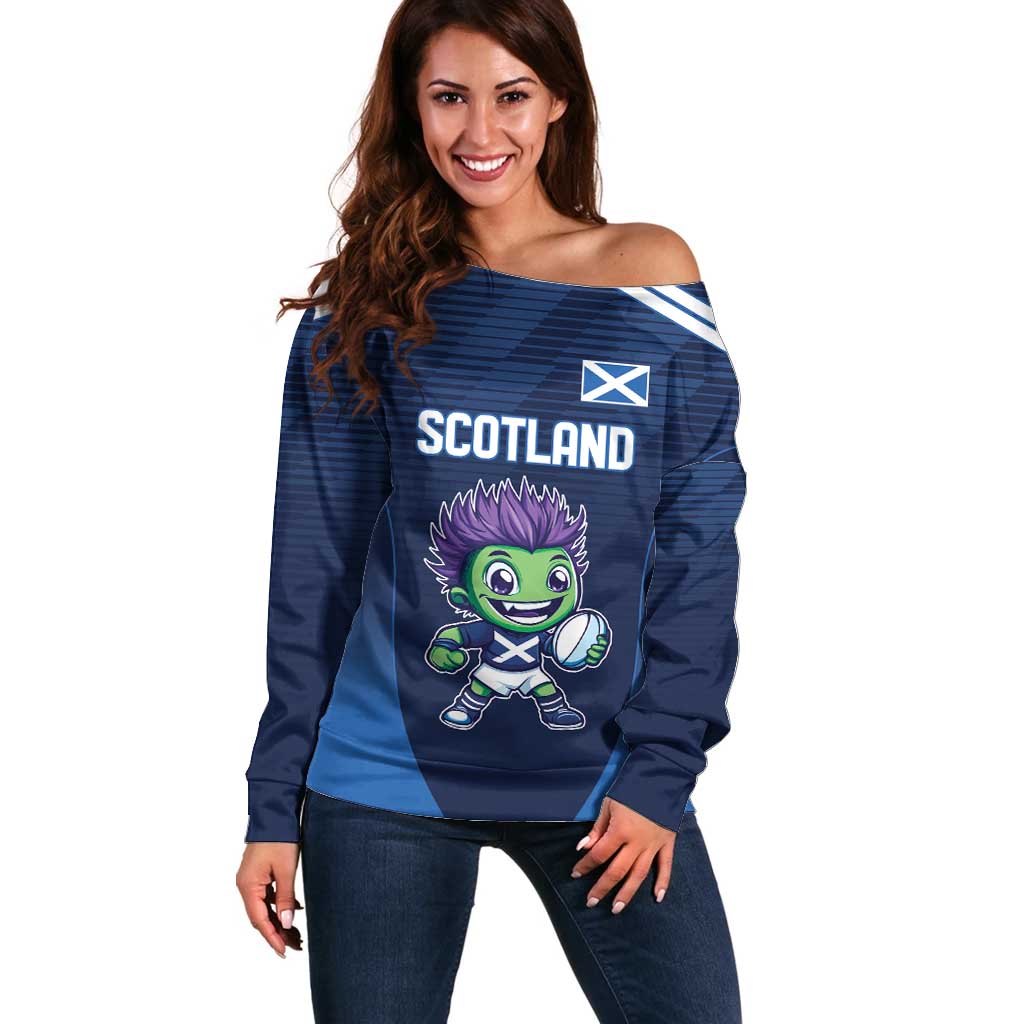 Scotland Rugby Custom Off Shoulder Sweater Thistle Mascot Go Scottish!