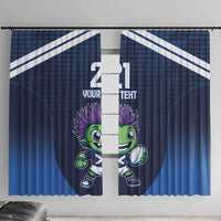 Blue window curtains with diagonal white stripes and a green mascot graphic on both panels