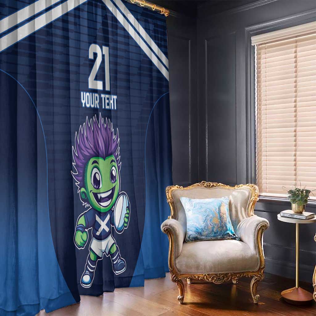 Blue curtain panel with diagonal white stripes and green mascot character with number and text