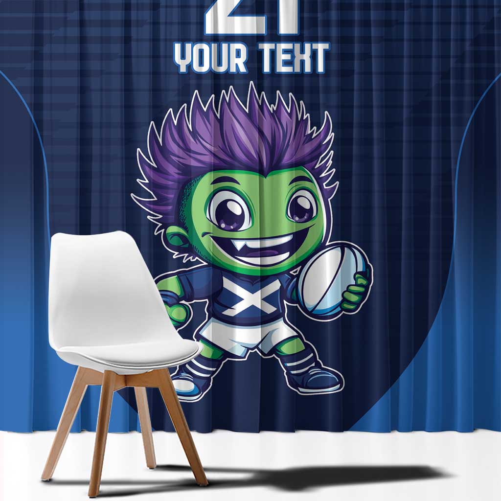 Close view of blue mascot window curtain with diagonal stripes and playful character illustration