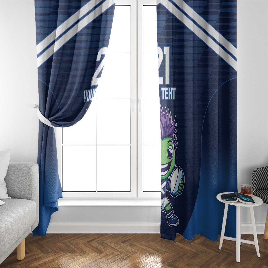 Blue window curtains with diagonal white stripes and green mascot prints on both sides
