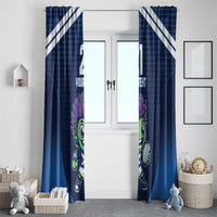Set of blue window curtains with diagonal white stripes and green mascot artwork