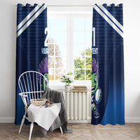 Blue window curtains with diagonal white stripes and green mascot characters on each panel