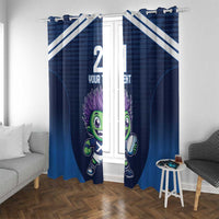 Blue window curtains with diagonal white stripes and green mascot design, top tabs visible