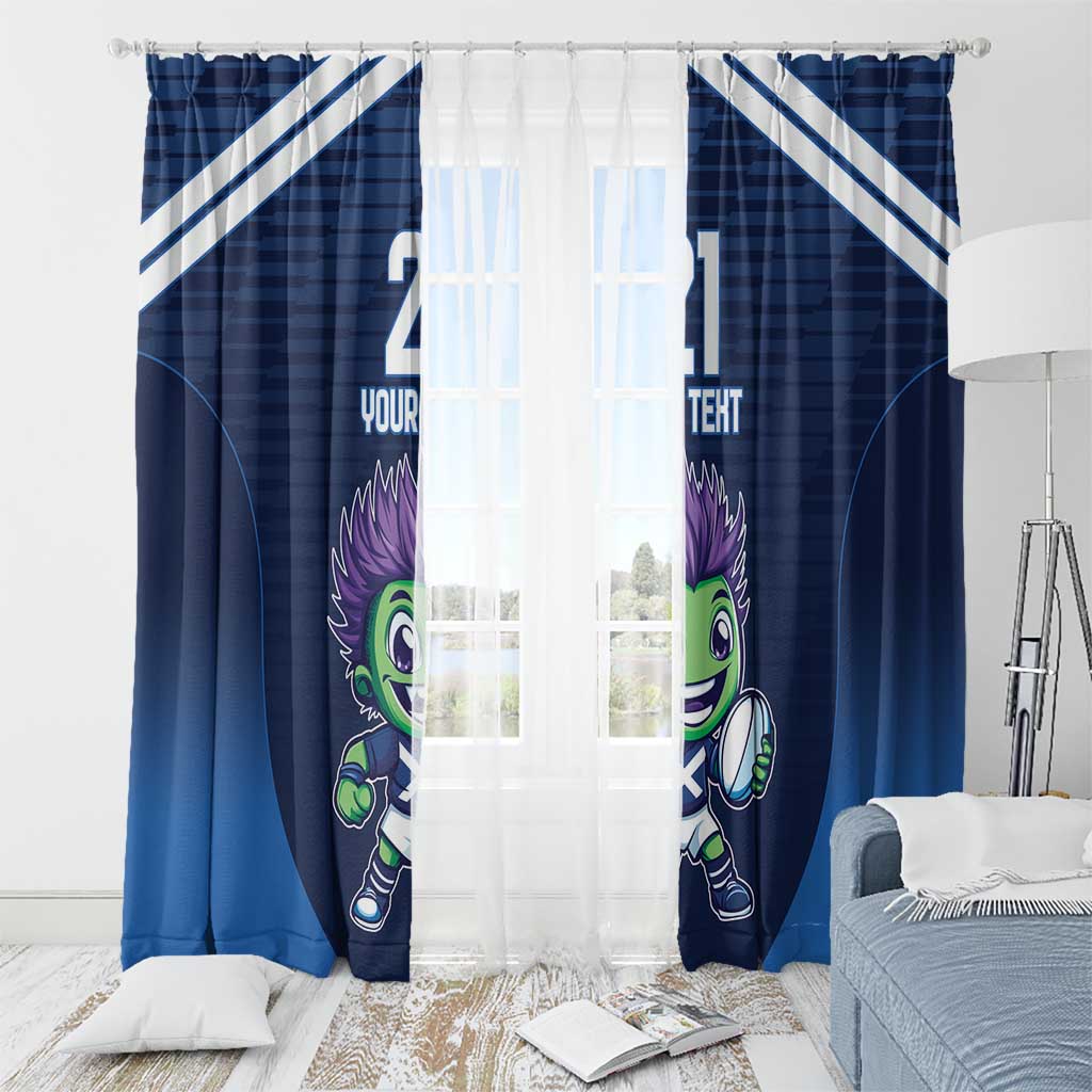 Blue and white window curtains with diagonal stripes and green mascot print, soft sheer center