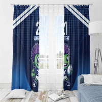 Blue and white window curtains with diagonal stripes and green mascot print, soft sheer center