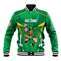Green baseball jacket with varsity striped collar, snap front, mascot graphic and text panel