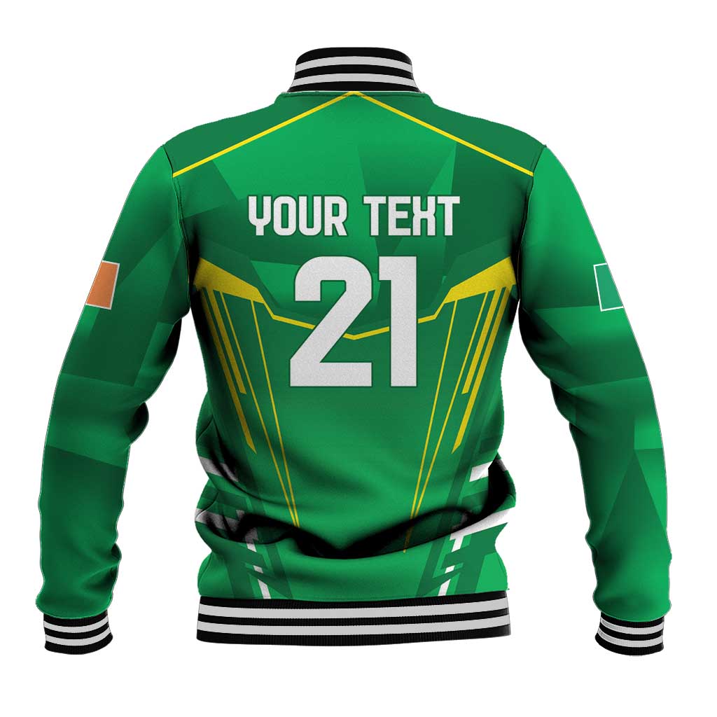 Green baseball jacket with striped collar, snap front, back print 'YOUR TEXT 21'