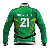 Green baseball jacket with striped collar, snap front, back print 'YOUR TEXT 21'