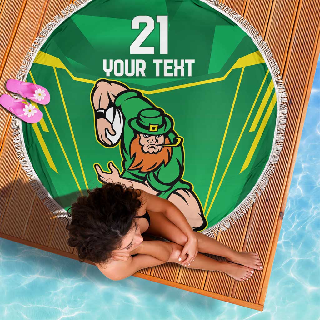 Green round rugby beach blanket with fringe, “21 YOUR TEXT” and leprechaun mascot