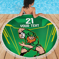 Green round rugby beach blanket with fringe edge, “21 YOUR TEXT” and mascot graphic