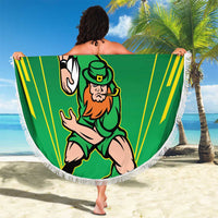 Green round rugby beach blanket with fringe edge, “21 YOUR TEXT” and leprechaun mascot
