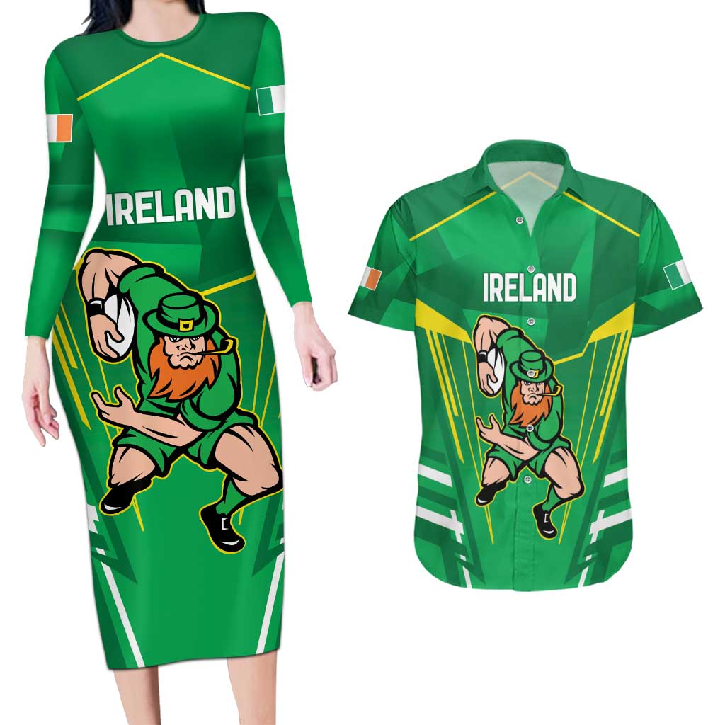 Ireland Rugby Custom Couples Matching Long Sleeve Bodycon Dress and Hawaiian Shirt Irish Warrior Mascot Go Shamrock