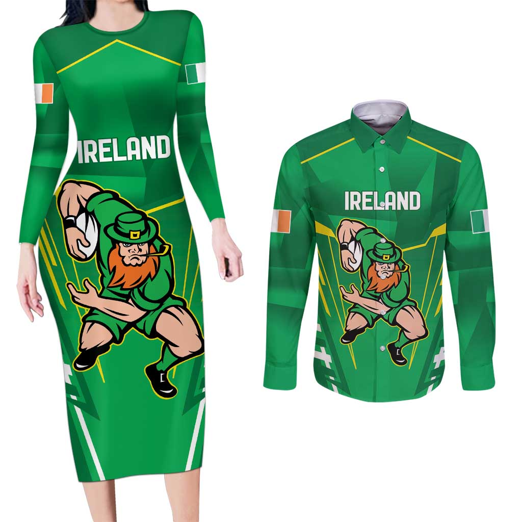 Ireland Rugby Custom Couples Matching Long Sleeve Bodycon Dress and Long Sleeve Button Shirt Irish Warrior Mascot Go Shamrock