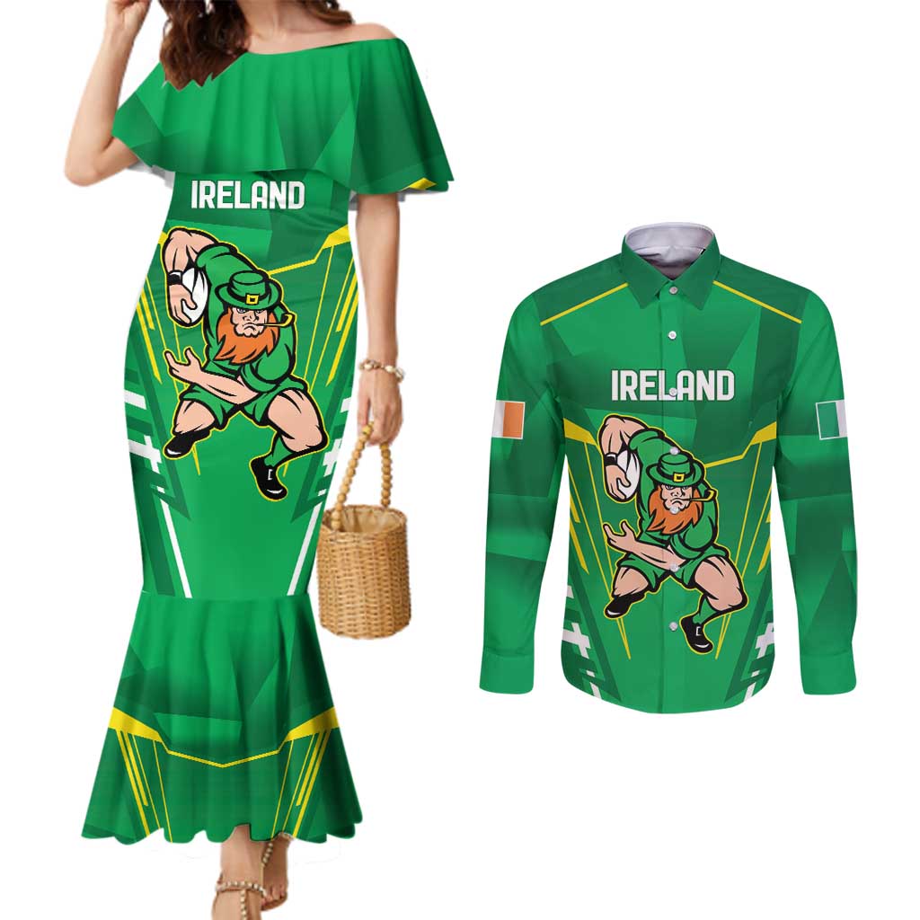 Ireland Rugby Custom Couples Matching Mermaid Dress and Long Sleeve Button Shirt Irish Warrior Mascot Go Shamrock