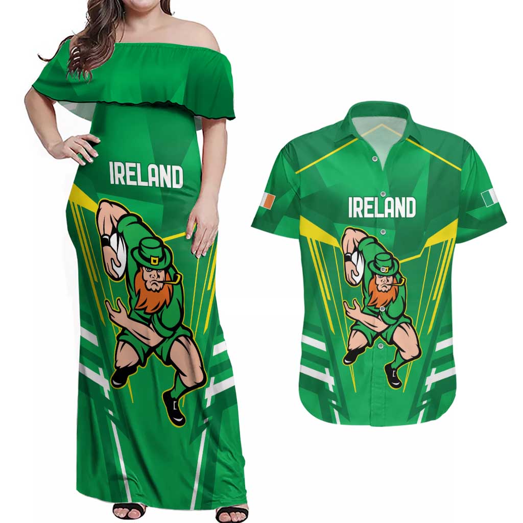 Ireland Rugby Custom Couples Matching Off Shoulder Maxi Dress and Hawaiian Shirt Irish Warrior Mascot Go Shamrock