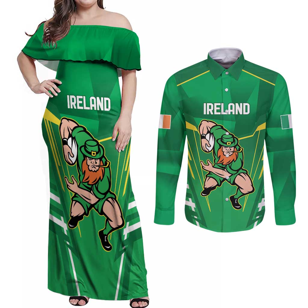 Ireland Rugby Custom Couples Matching Off Shoulder Maxi Dress and Long Sleeve Button Shirt Irish Warrior Mascot Go Shamrock