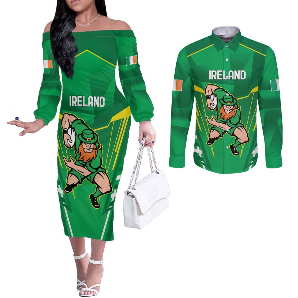 Ireland Rugby Custom Couples Matching Off The Shoulder Long Sleeve Dress and Long Sleeve Button Shirt Irish Warrior Mascot Go Shamrock