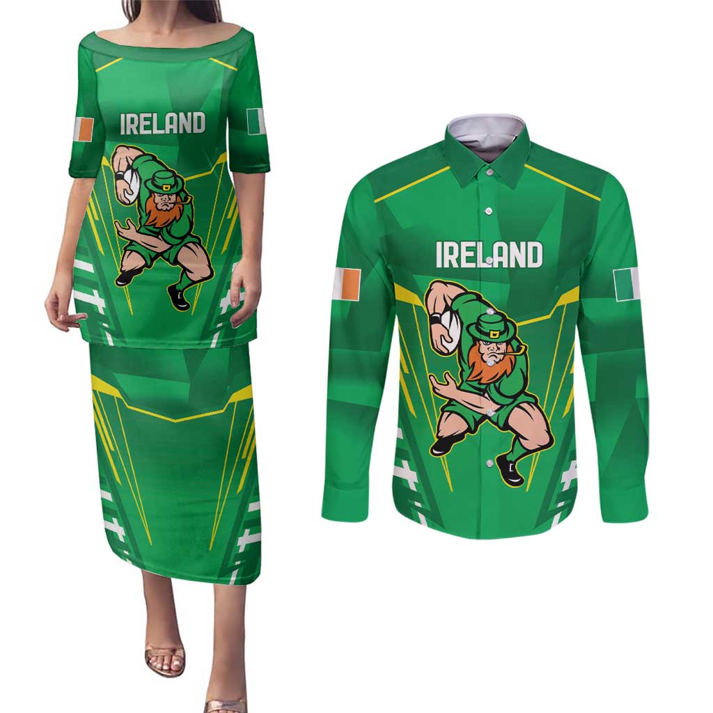 Ireland Rugby Custom Couples Matching Puletasi and Long Sleeve Button Shirt Irish Warrior Mascot Go Shamrock