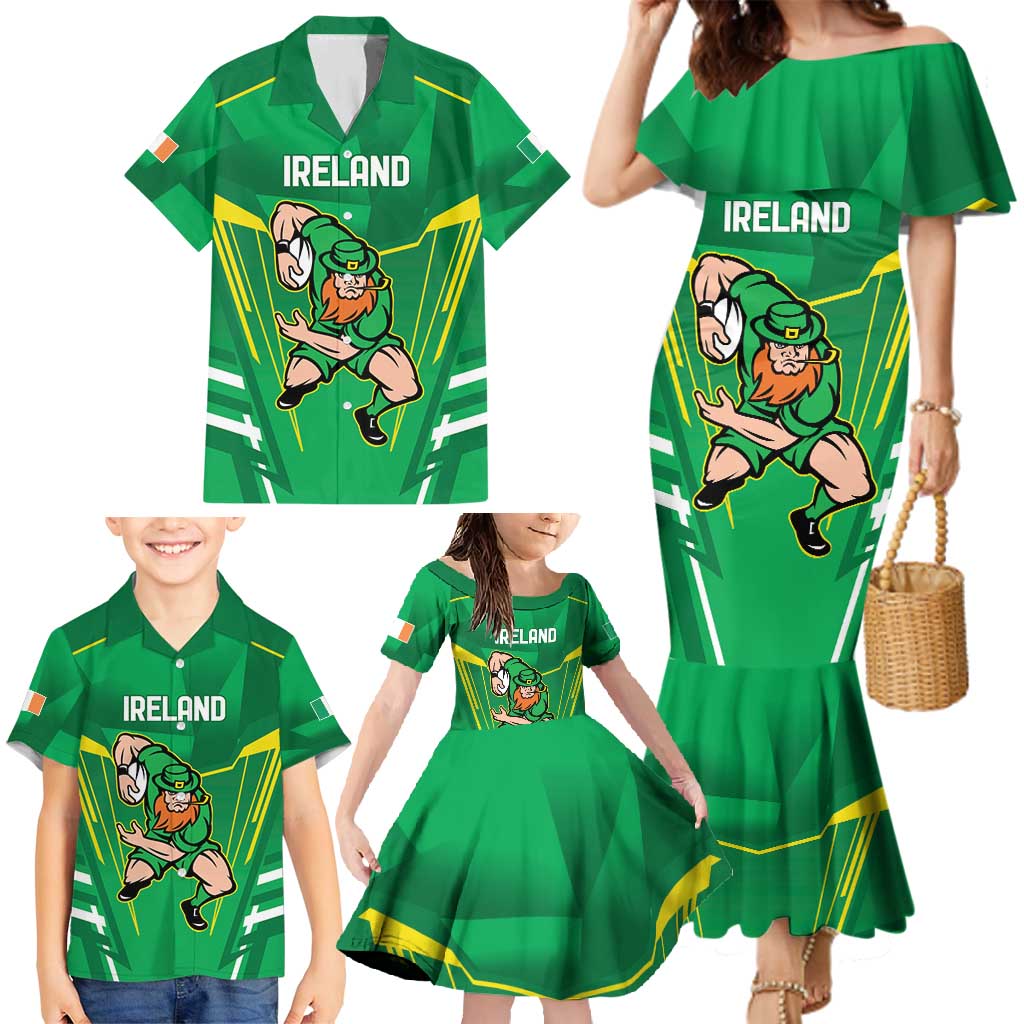 Ireland Rugby Custom Family Matching Mermaid Dress and Hawaiian Shirt Irish Warrior Mascot Go Shamrock