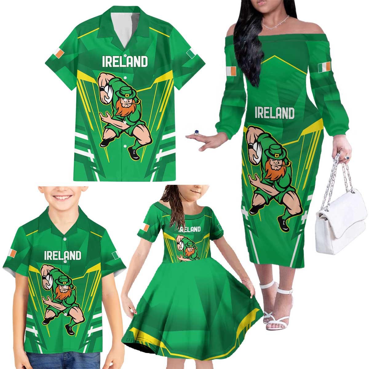 Ireland Rugby Custom Family Matching Off The Shoulder Long Sleeve Dress and Hawaiian Shirt Irish Warrior Mascot Go Shamrock