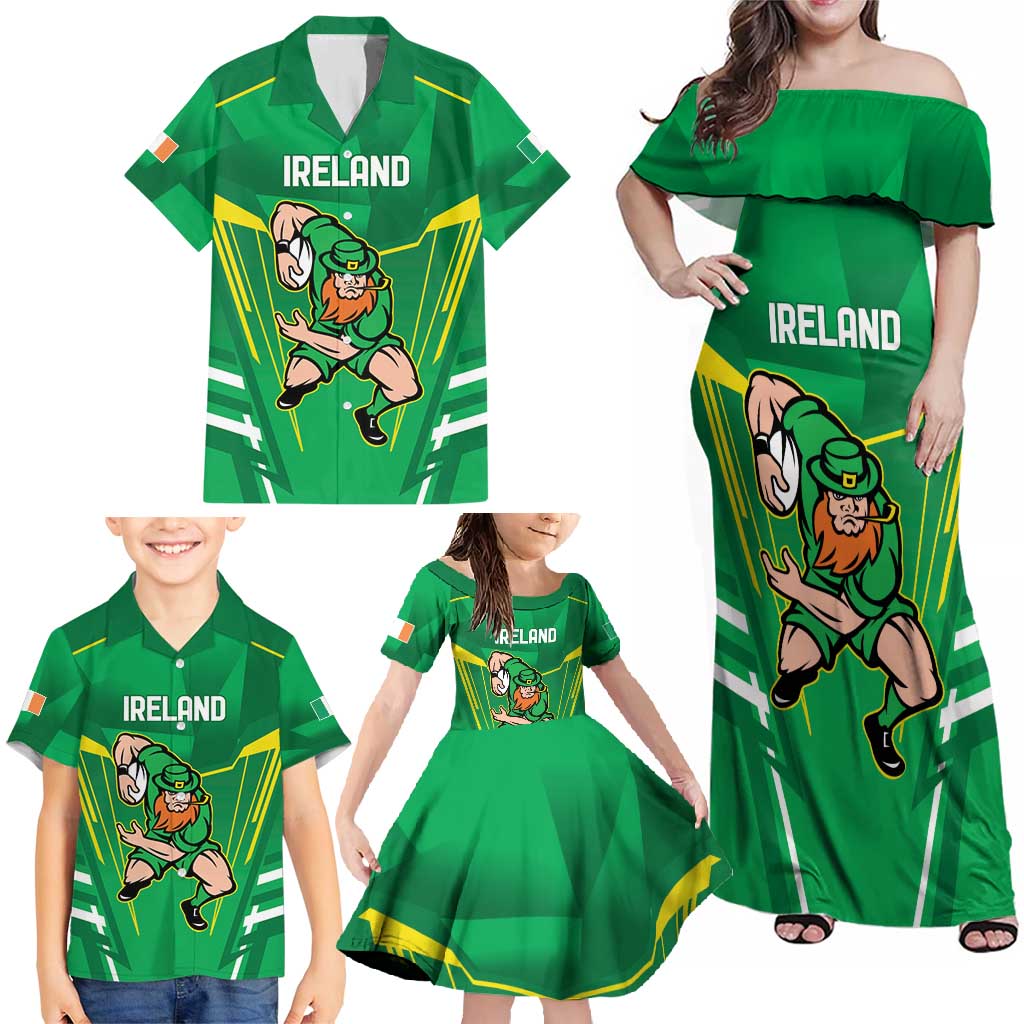 Ireland Rugby Custom Family Matching Off Shoulder Maxi Dress and Hawaiian Shirt Irish Warrior Mascot Go Shamrock