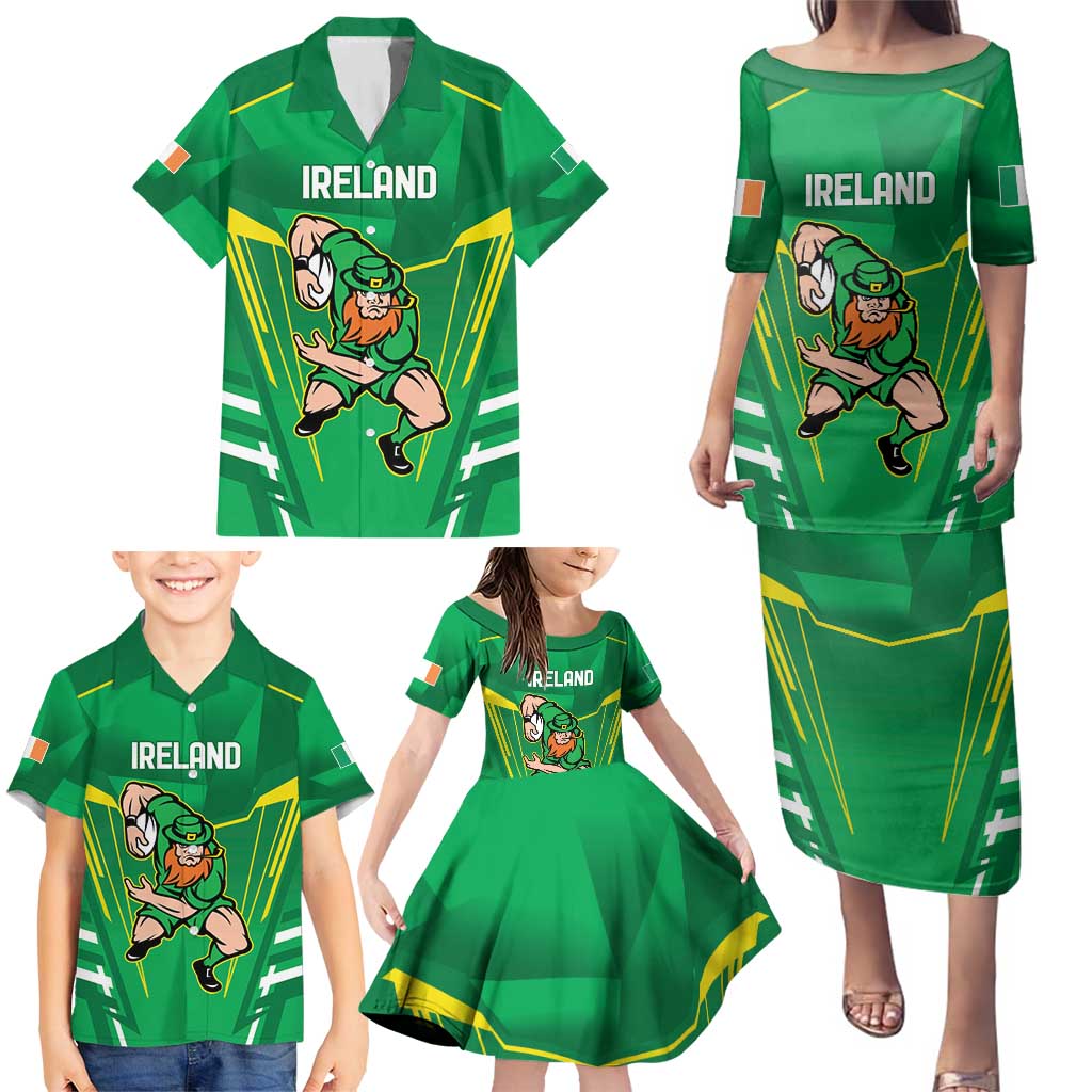 Ireland Rugby Custom Family Matching Puletasi and Hawaiian Shirt Irish Warrior Mascot Go Shamrock