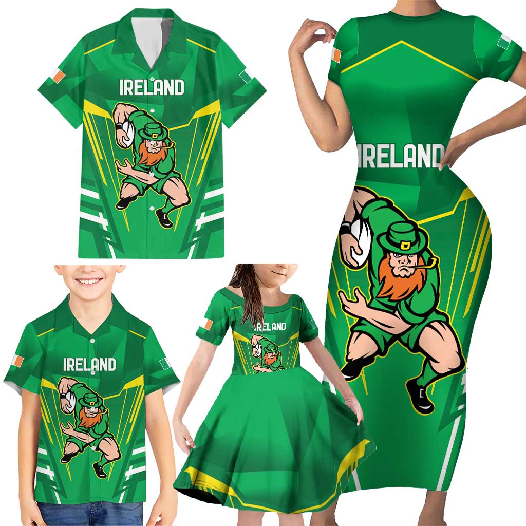 Ireland Rugby Custom Family Matching Short Sleeve Bodycon Dress and Hawaiian Shirt Irish Warrior Mascot Go Shamrock