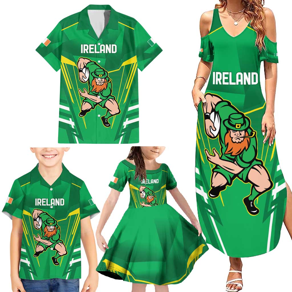 Ireland Rugby Custom Family Matching Summer Maxi Dress and Hawaiian Shirt Irish Warrior Mascot Go Shamrock