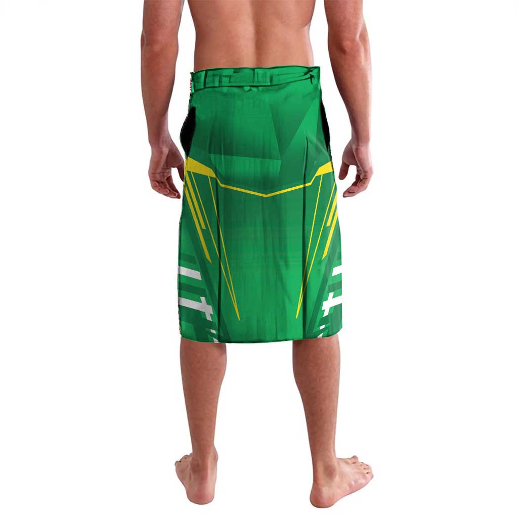 Green athletic shorts with back graphic panels and yellow stripe accents