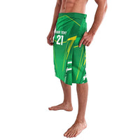 Green athletic shorts with front graphic, number 21, and yellow stripe accents