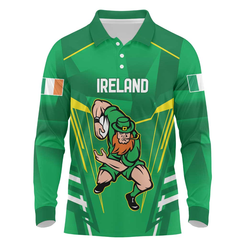 Ireland Rugby Custom Long Sleeve Polo Shirt Irish Warrior Mascot Go Shamrock