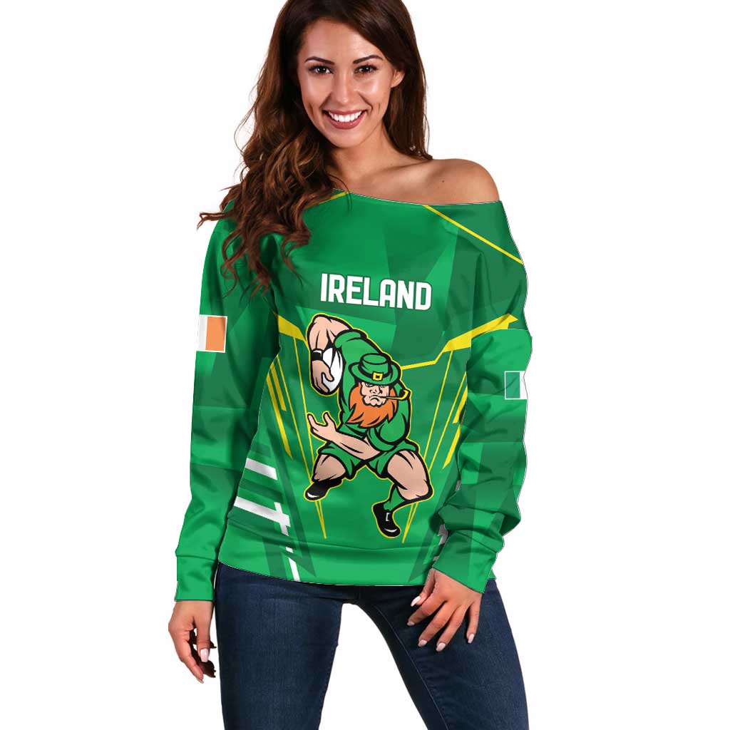 Ireland Rugby Custom Off Shoulder Sweater Irish Warrior Mascot Go Shamrock