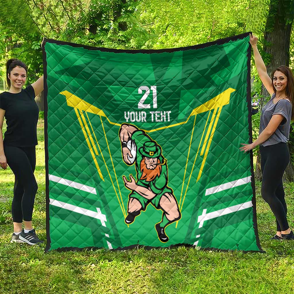Green quilt blanket with Irish warrior mascot graphic, “21 YOUR TEXT,” yellow rays and stripes.
