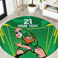 Green round rug close-up with leprechaun warrior logo and 21 YOUR TERT centered