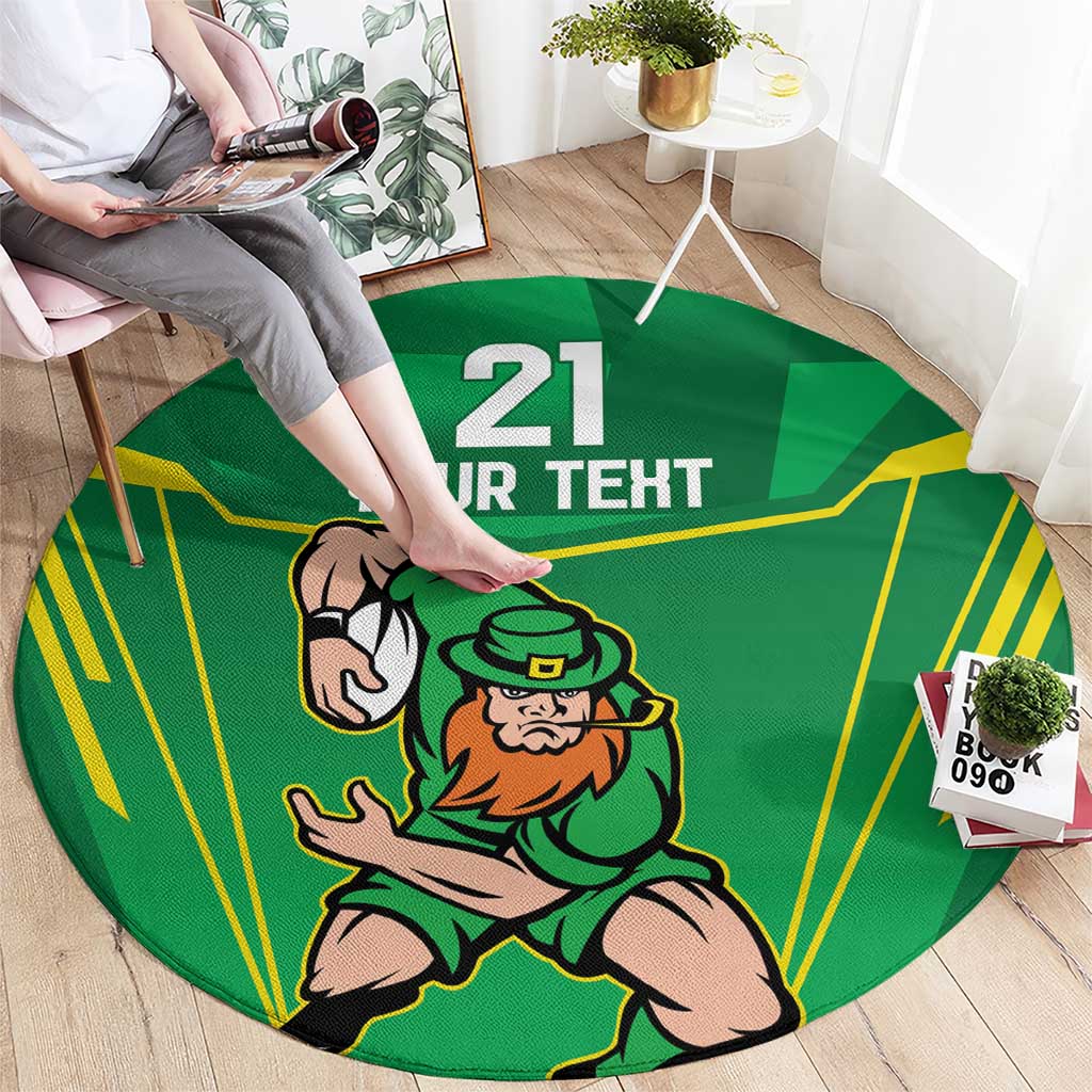 Green round rug featuring leprechaun warrior character and 21 YOUR TERT lettering
