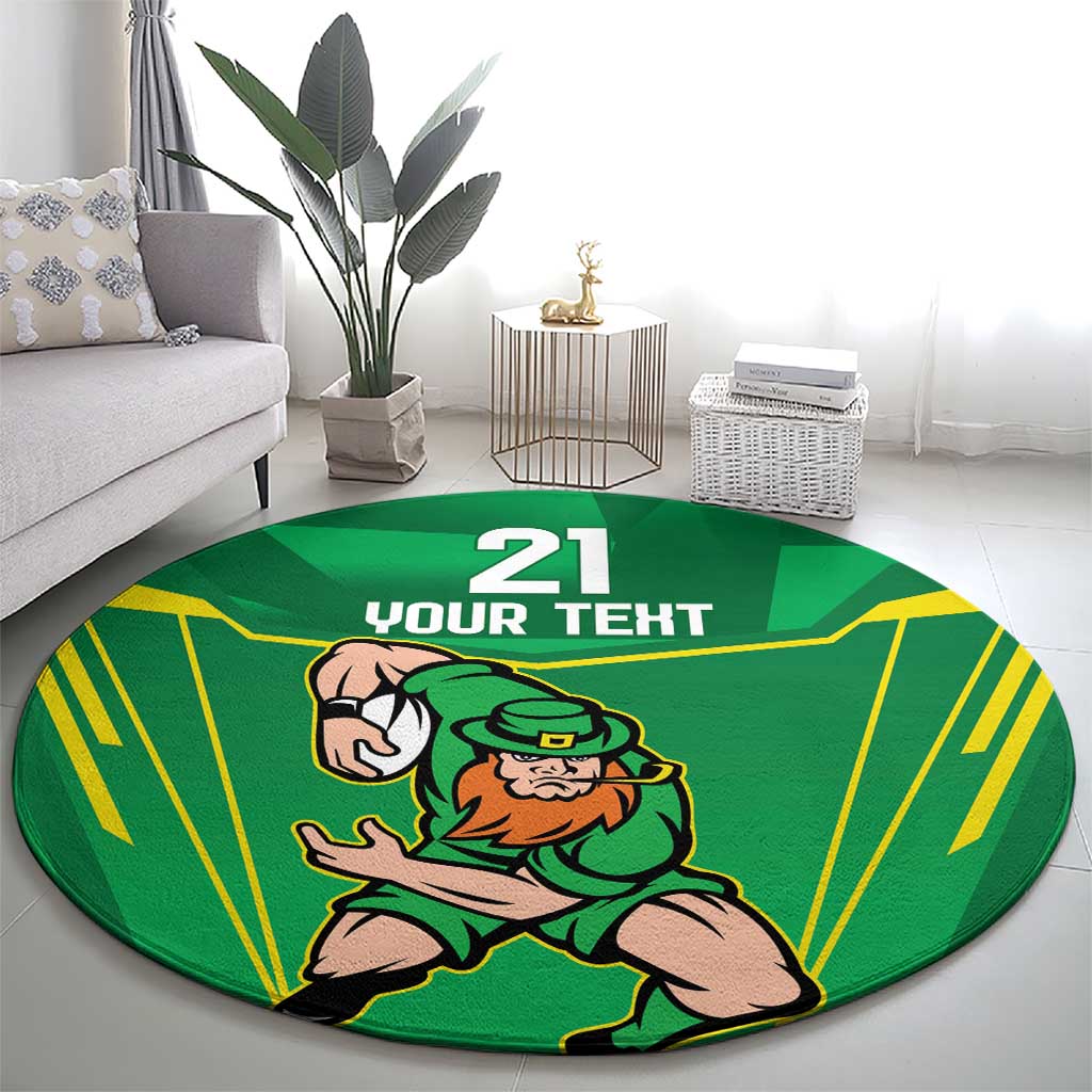 Green round rug with leprechaun warrior graphic, yellow rays, and 21 YOUR TERT text