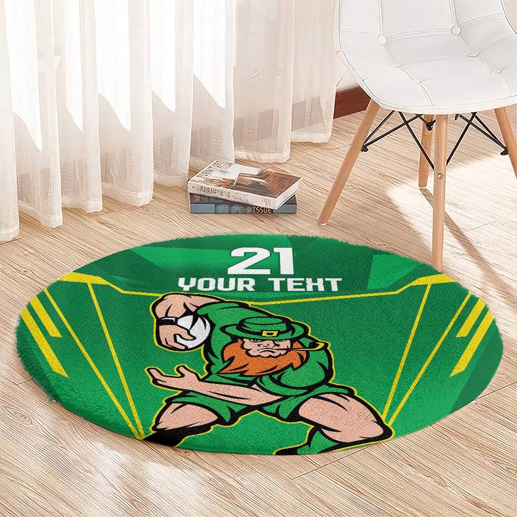 Green round rug with leprechaun warrior graphic, yellow rays, and 21 YOUR TERT text