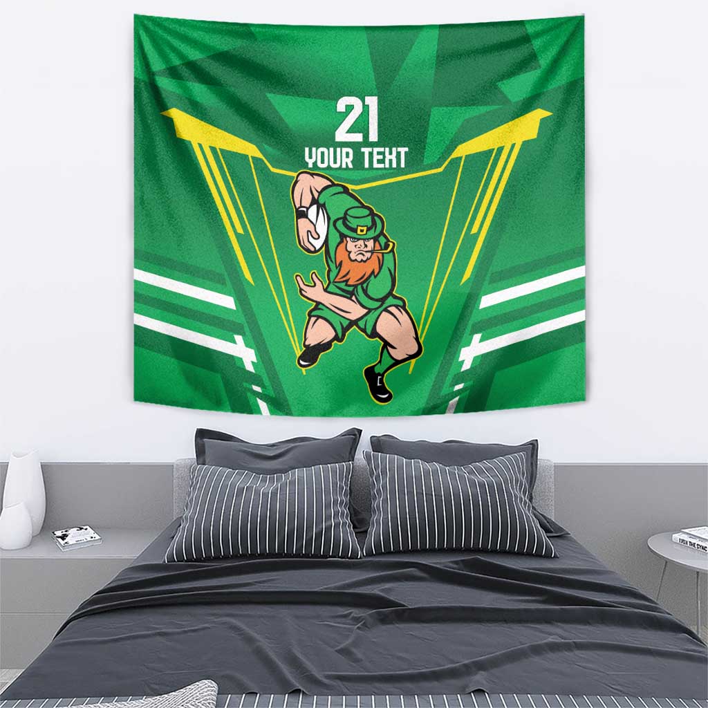 Green rugby tapestry with leprechaun warrior mascot in center, yellow rays, '21' and 'Your Text'.