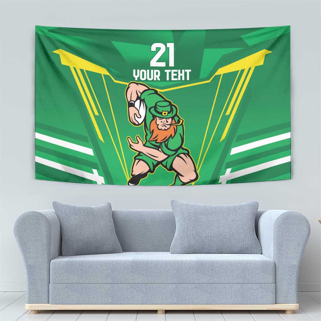 Green rugby tapestry featuring leprechaun warrior mascot, '21' and 'Your Text' on bright rays.