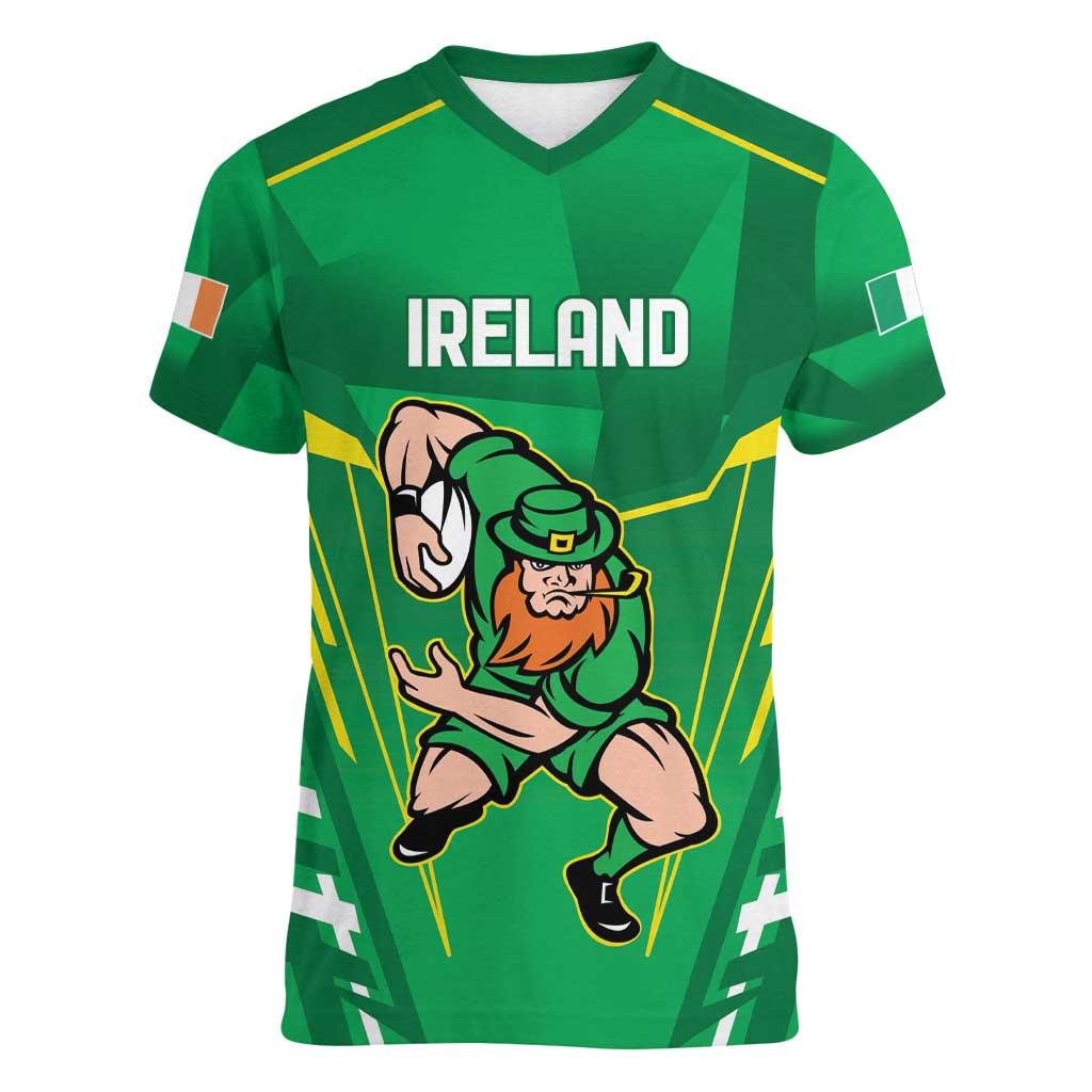 Ireland Rugby Custom Women V-Neck T-Shirt Irish Warrior Mascot Go Shamrock