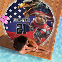 Round beach blanket with fringe edge, eagle-and-dog hockey graphic with 'YOUR TEXT' and 21